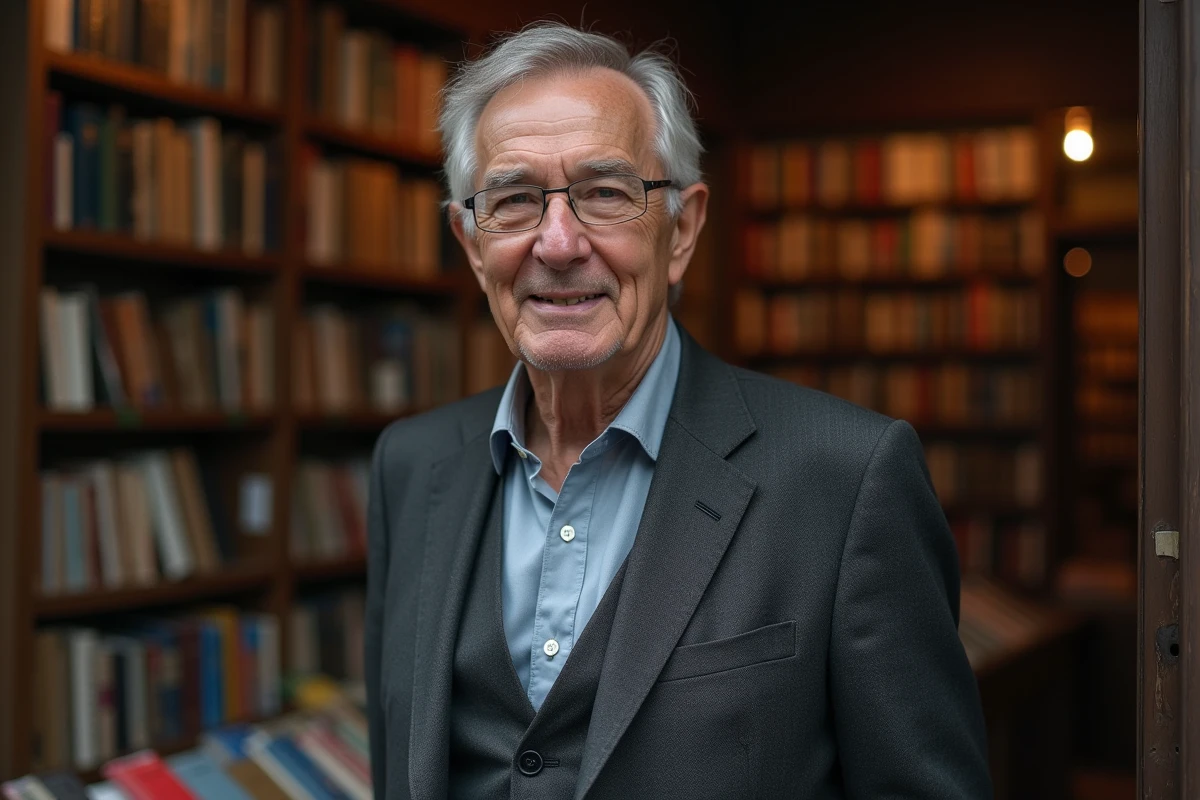 Portrait d'un homme distingué d'une soixantaine d'années devant une librairie parisienne au style classique