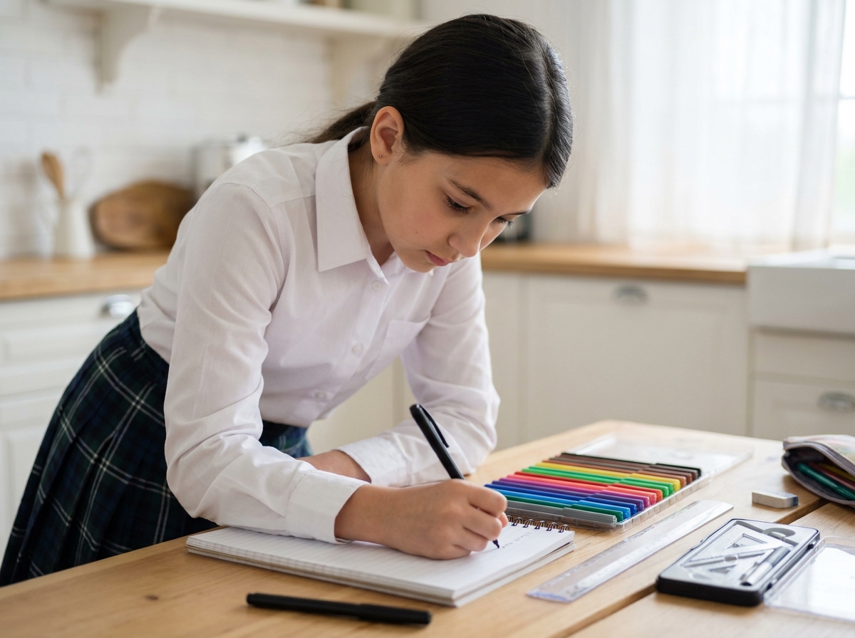 Préadolescente écrivant dans un nouveau cahier scolaire à la table de cuisine lors de la préparation de la rentrée