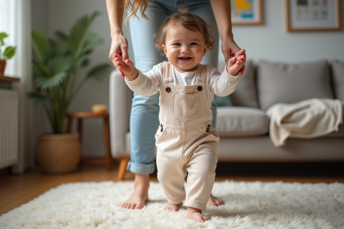 Bebe fille souriante prenant ses premiers pas avec maman