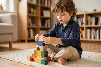 Petit garçon prénommé Raphaël concentré sur un jeu de construction en bois dans un salon chaleureux