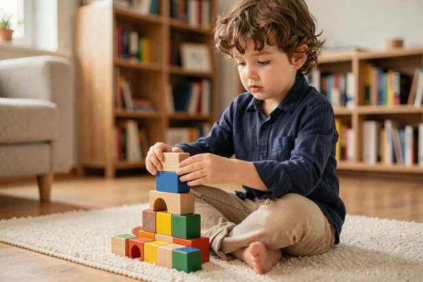 Petit garçon prénommé Raphaël concentré sur un jeu de construction en bois dans un salon chaleureux