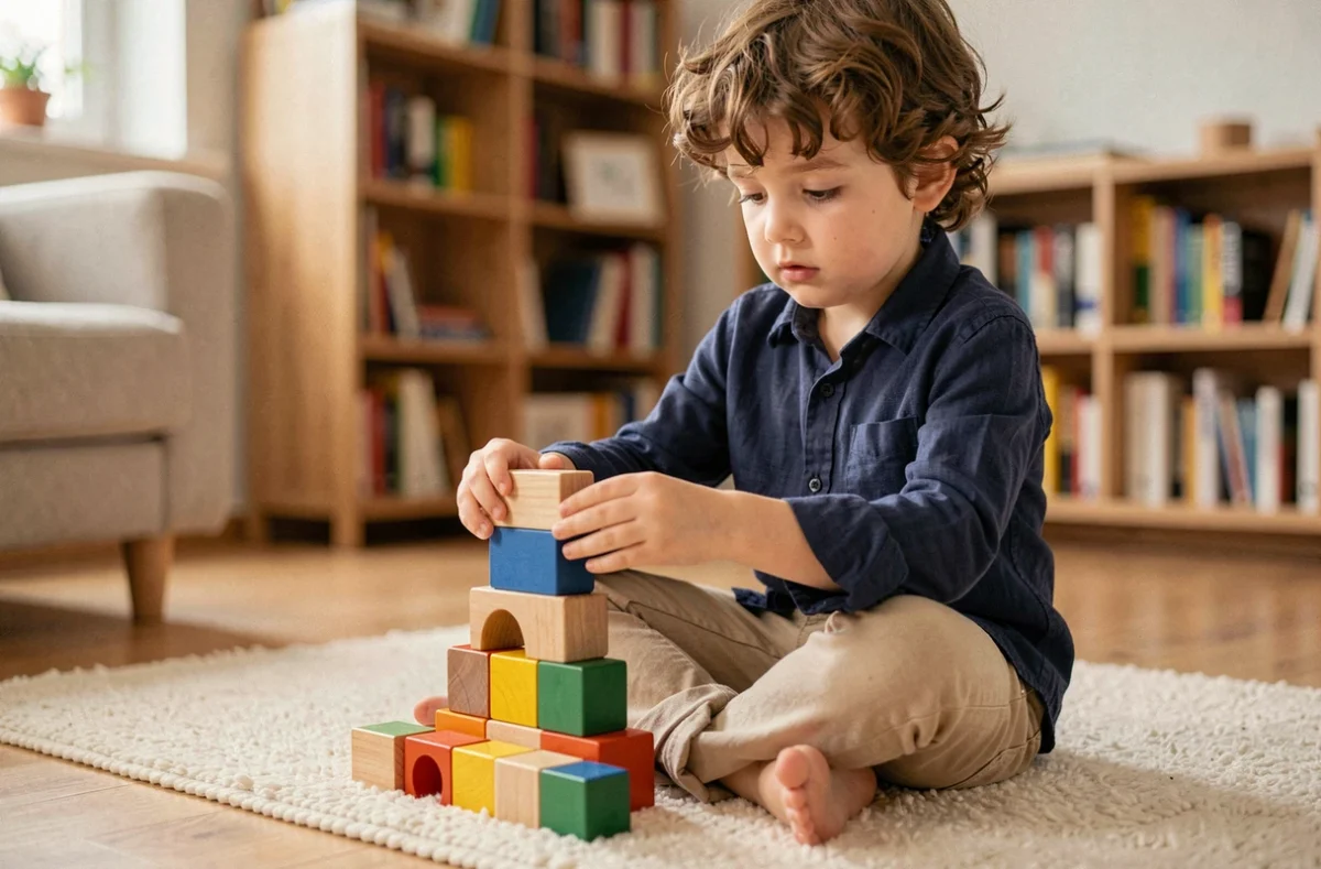 Petit garçon prénommé Raphaël concentré sur un jeu de construction en bois dans un salon chaleureux