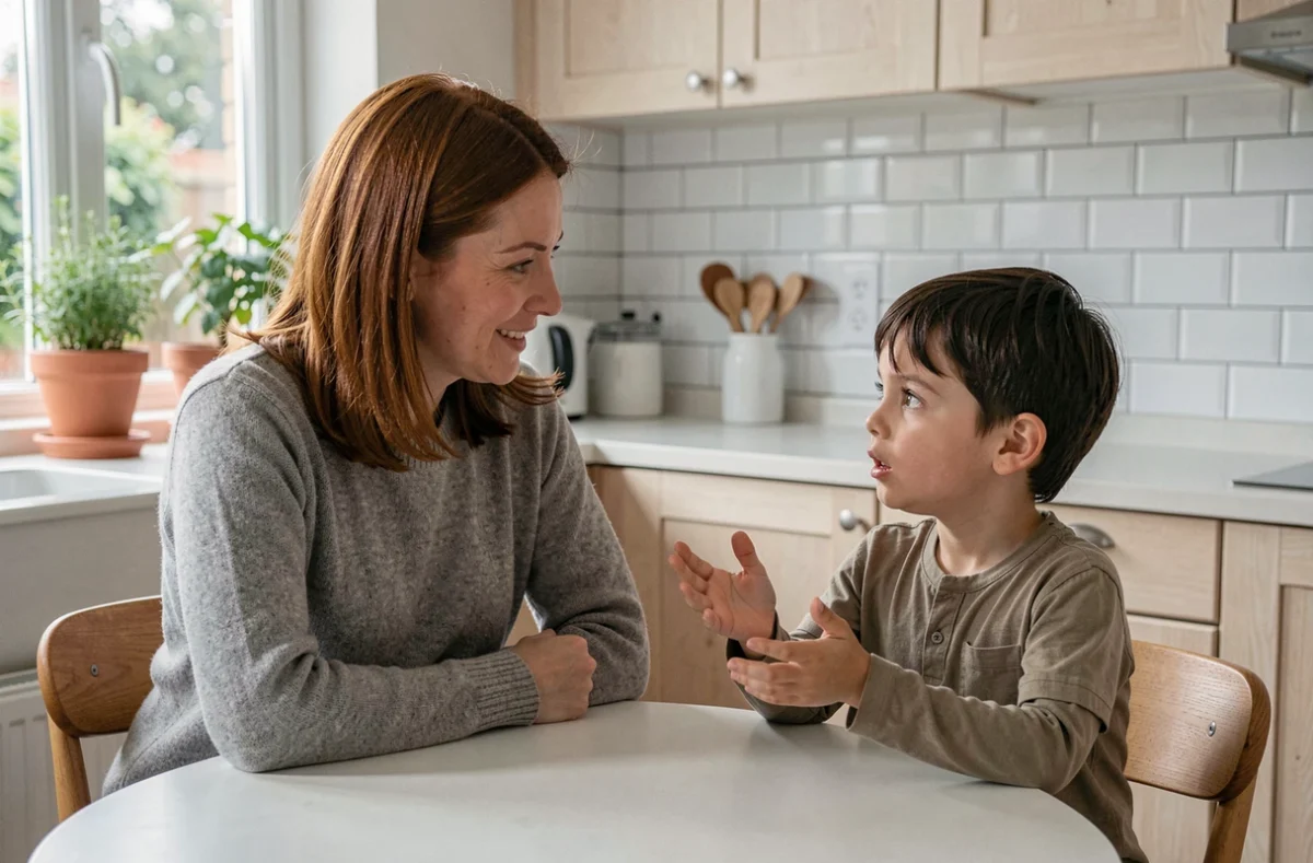 Mère écoutant attentivement son fils Raphaël parler avec expressivité dans une cuisine familiale moderne