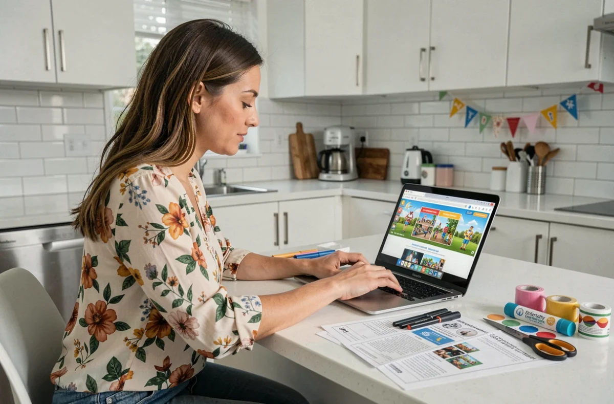 Mère préparant des jeux d'anniversaire imprimés depuis un générateur en ligne sur son ordinateur portable dans sa cuisine