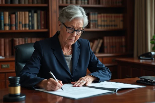 Femme mature examinant attentivement une procuration pour notaire dans un bureau officiel, stylo en main au-dessus d'un document de succession