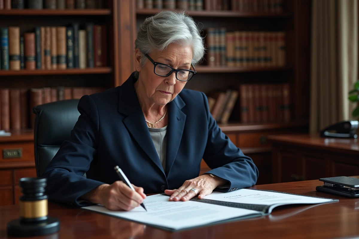 Femme mature examinant attentivement une procuration pour notaire dans un bureau officiel, stylo en main au-dessus d'un document de succession