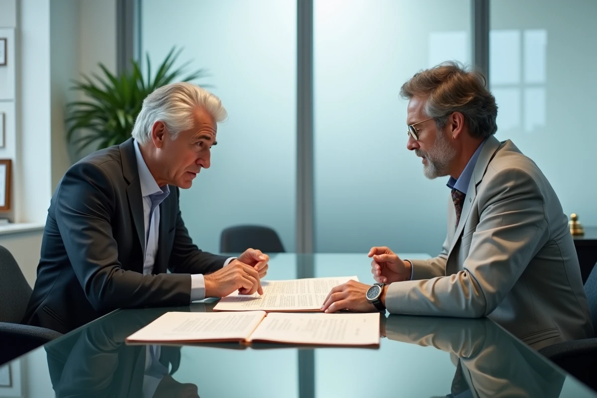 Deux hommes en discussion autour d'une procuration successorale mal rédigée posée sur une table de réunion dans un cabinet notarial moderne
