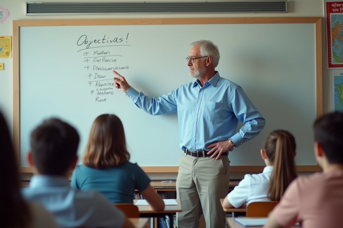 Professeur devant tableau avec élèves attentifs