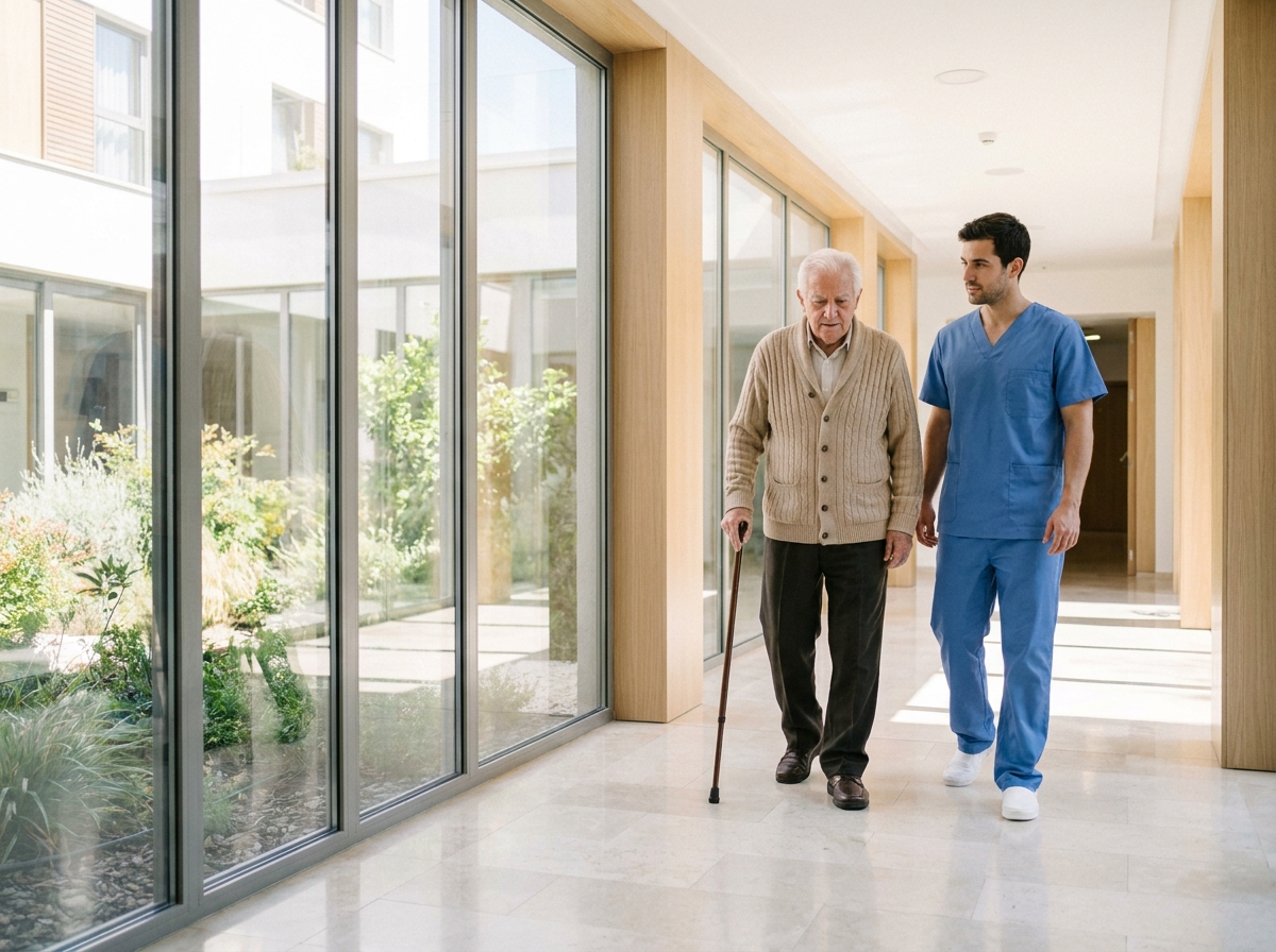 Professionnel de santé accompagnant un résident âgé dans le couloir d'une maison de retraite médicalisée à Toulon
