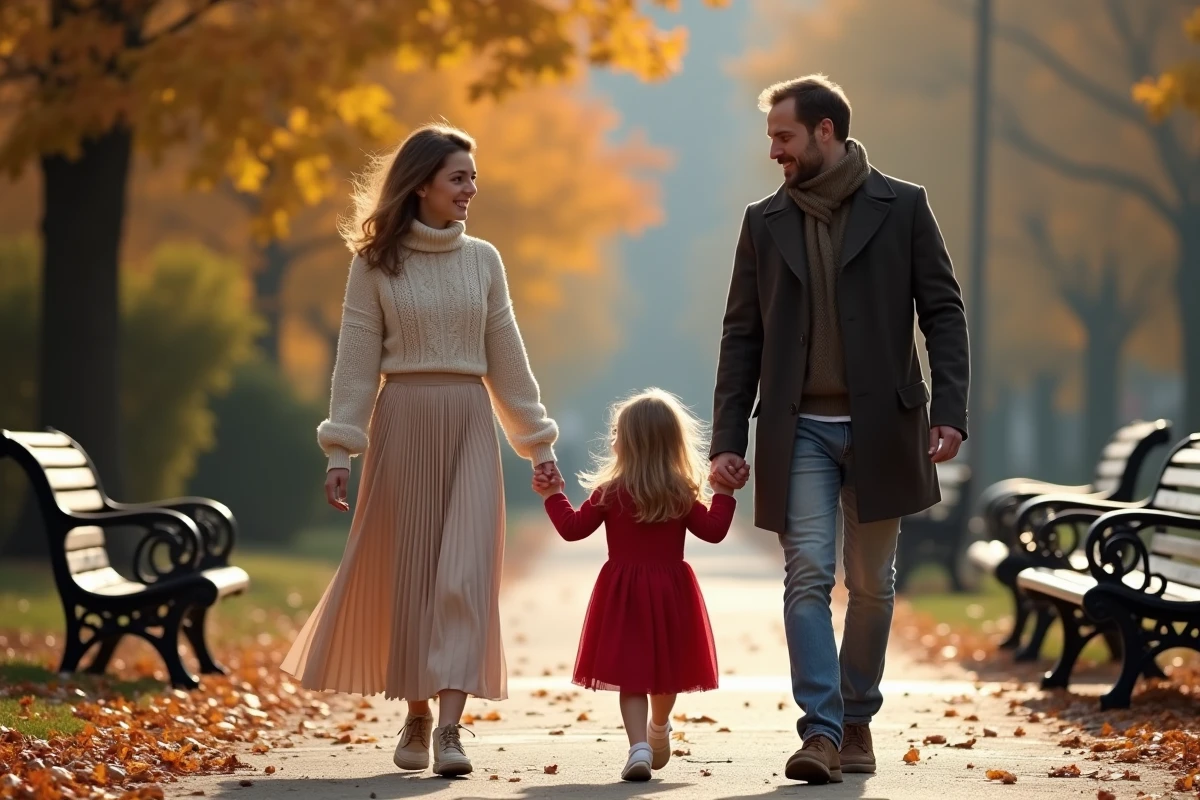 Famille se promenant en automne dans un parc parisien