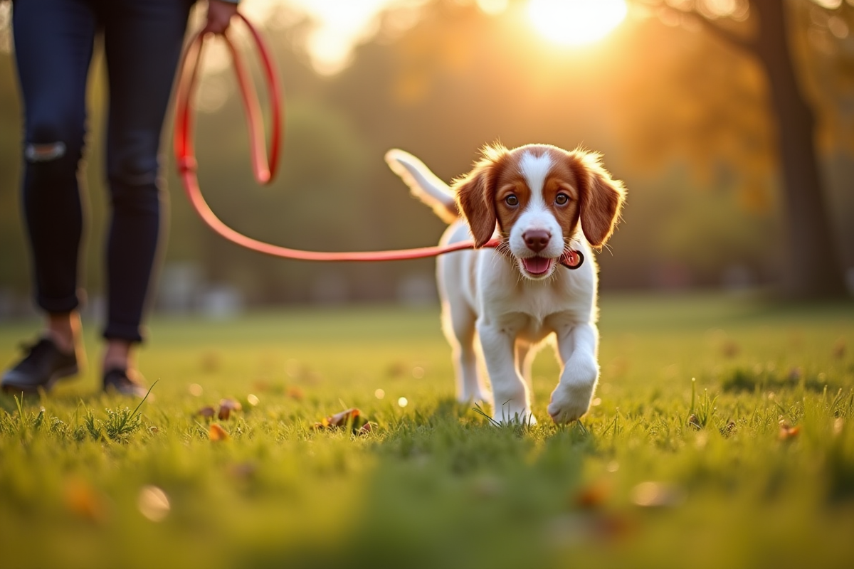 Jeune chiot Brittany Spaniel en promenade au lever du soleil