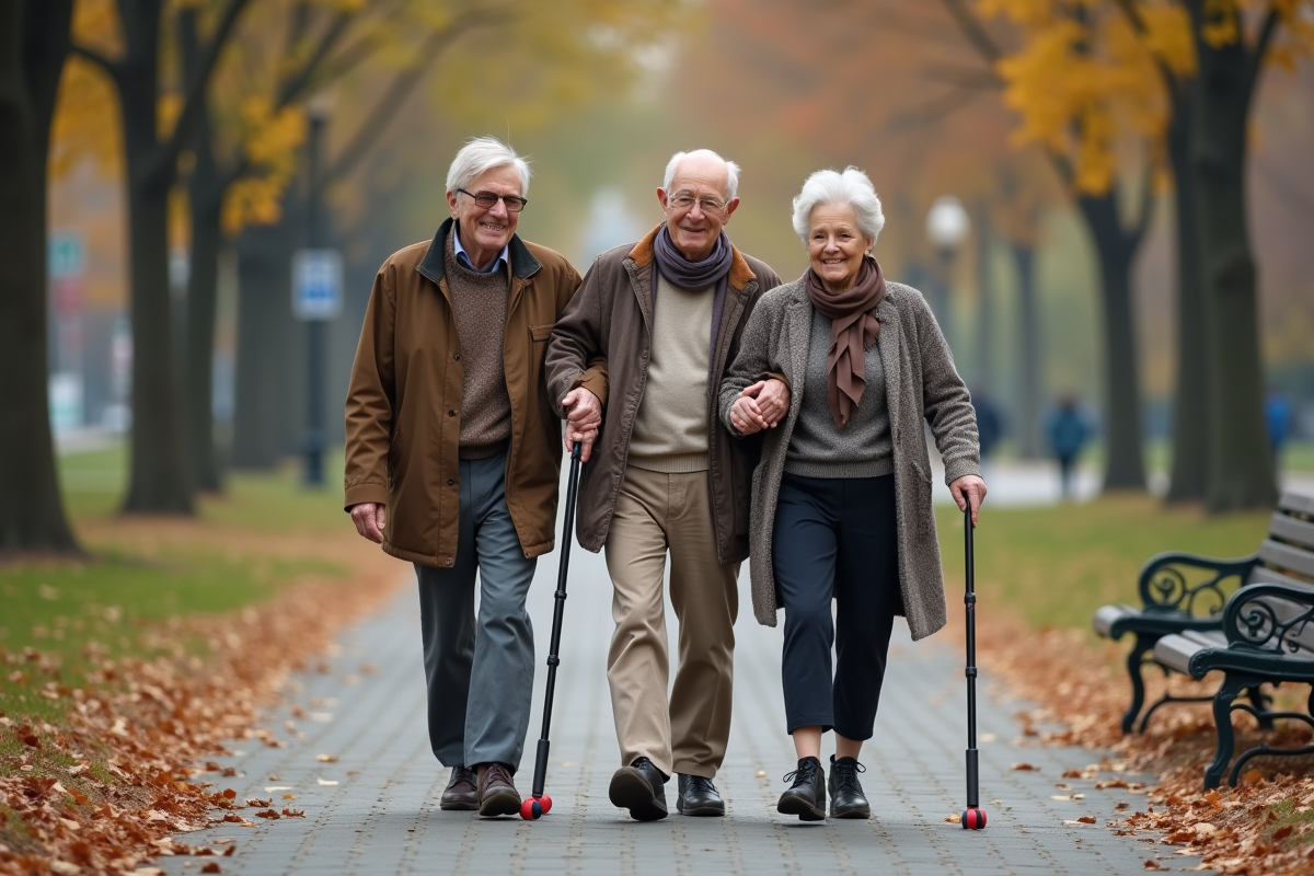 Couple âgé en promenade dans un parc d
