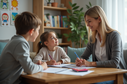 Psychologue et parent discutent avec un enfant dans un cabinet