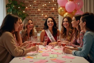 Groupe d'amies jouant à un quiz Questions pour un champion lors d'un EVJF dans un appartement décoré de ballons roses et guirlandes lumineuses