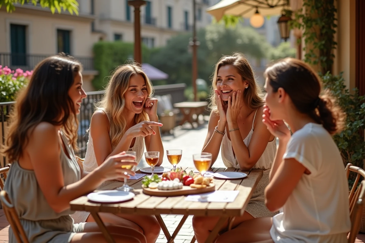 Quatre amies en train de jouer à un quiz EVJF autour d'une table en terrasse avec cocktails et plateau de charcuterie en décor urbain