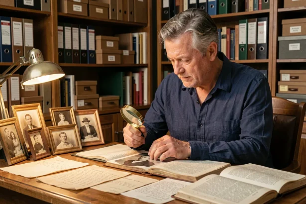 Homme examinant des photographies de famille anciennes et des documents généalogiques sur un bureau en bois