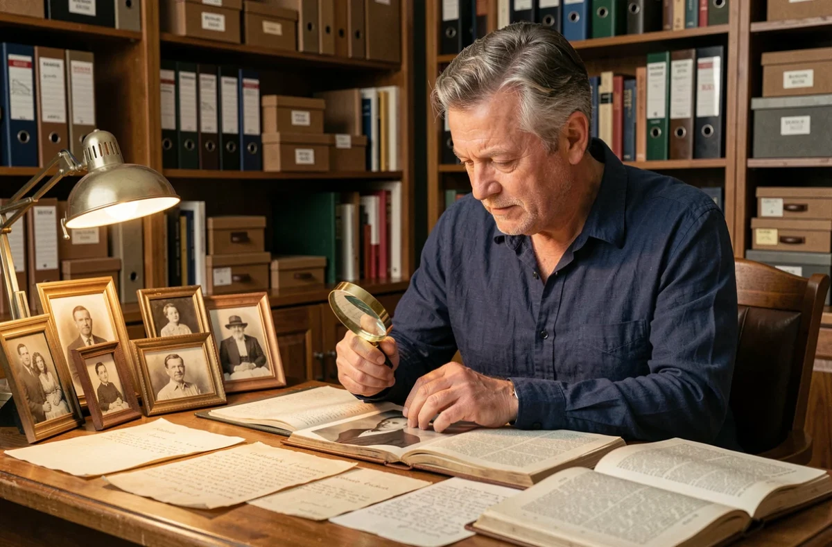 Homme examinant des photographies de famille anciennes et des documents généalogiques sur un bureau en bois