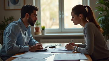 Couple travaillant sur des documents financiers dans une ambiance naturelle