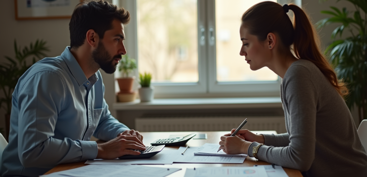 Couple travaillant sur des documents financiers dans une ambiance naturelle