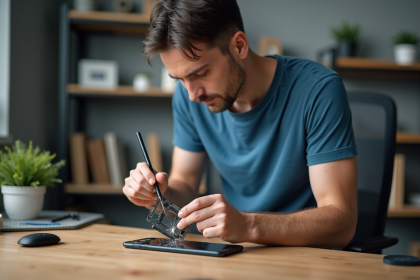Homme réparant un smartphone avec outils dans un atelier organisé