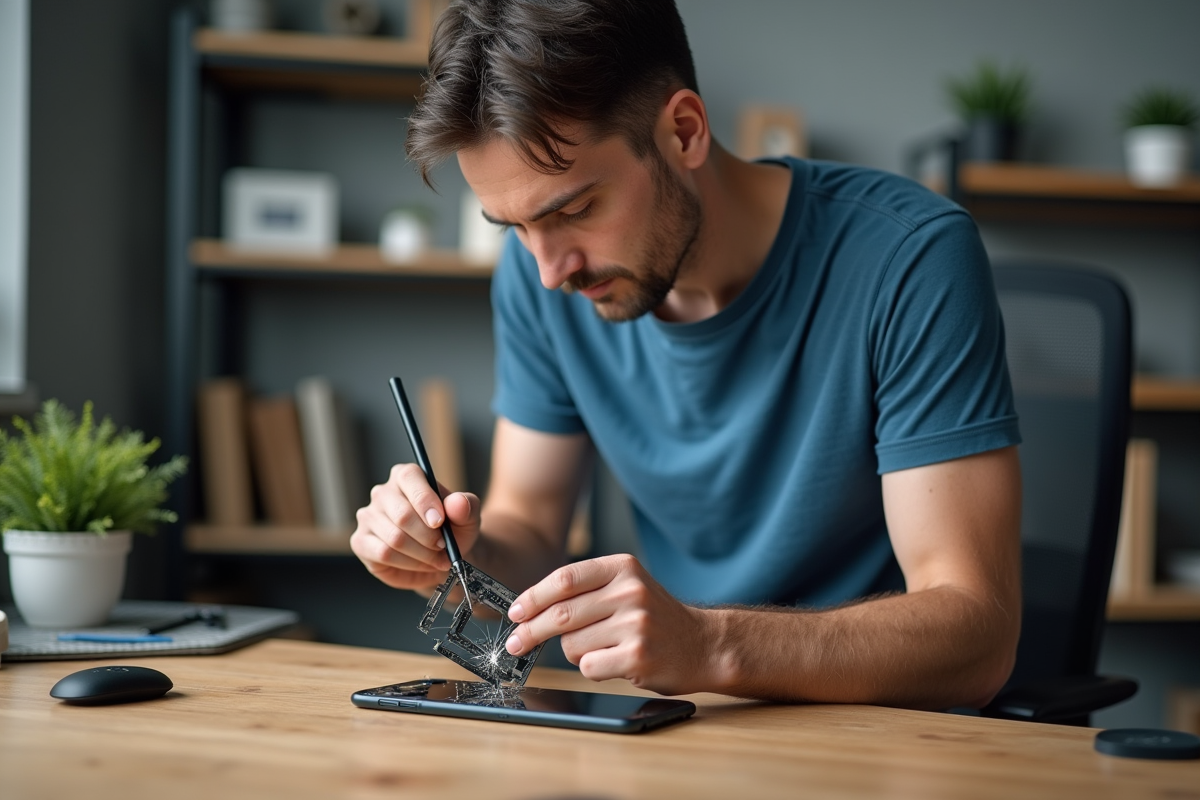 Homme réparant un smartphone avec outils dans un atelier organisé