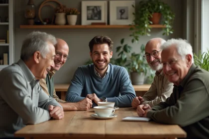 Jeune homme souriant avec famille dans un intérieur chaleureux