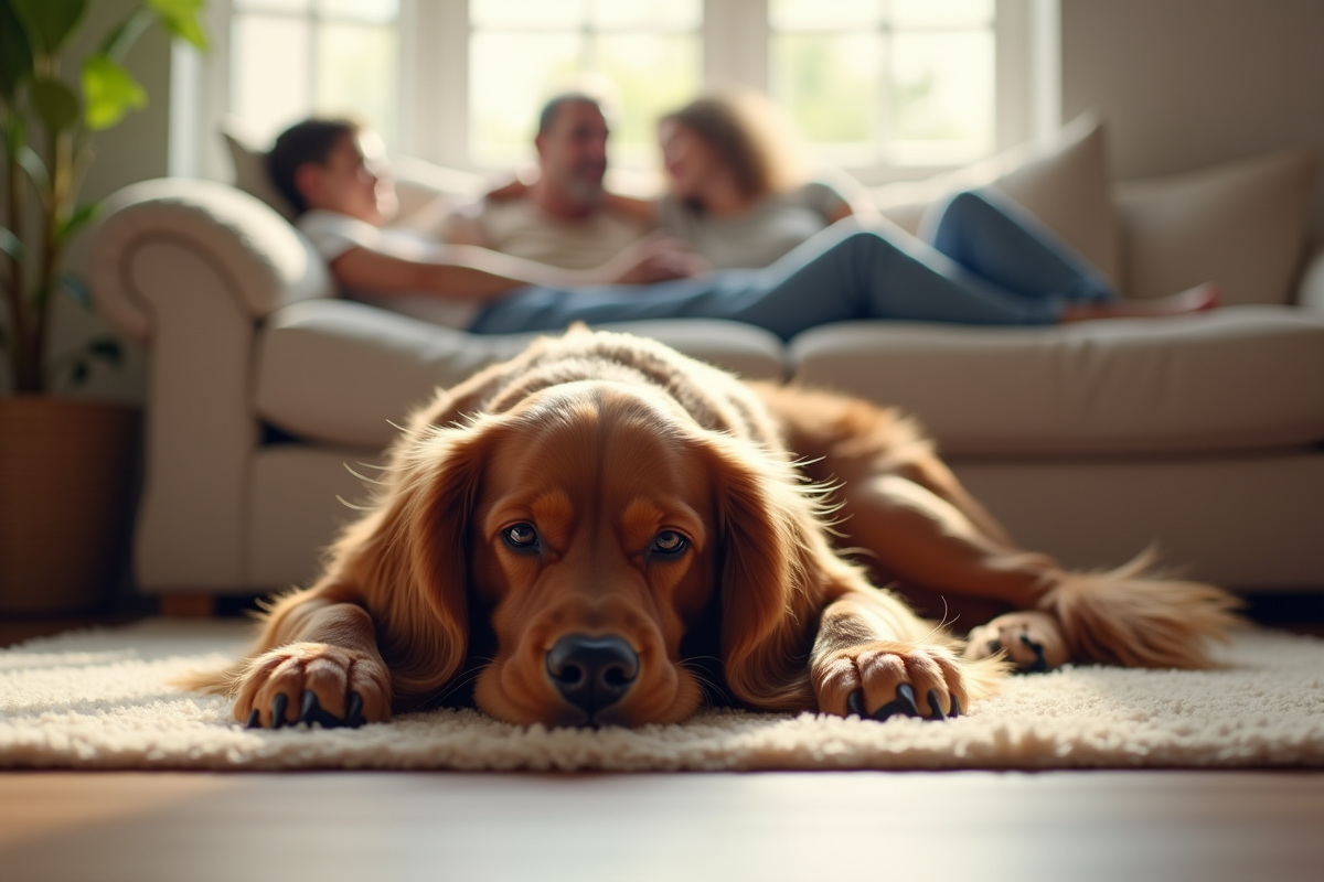 Cocker spaniel reposant paisiblement au pied de la famille dans le salon