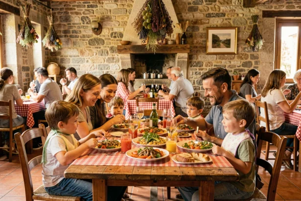 Famille avec enfants attablée dans un restaurant convivial en Occitanie, ambiance chaleureuse et décor rustique du sud de la France