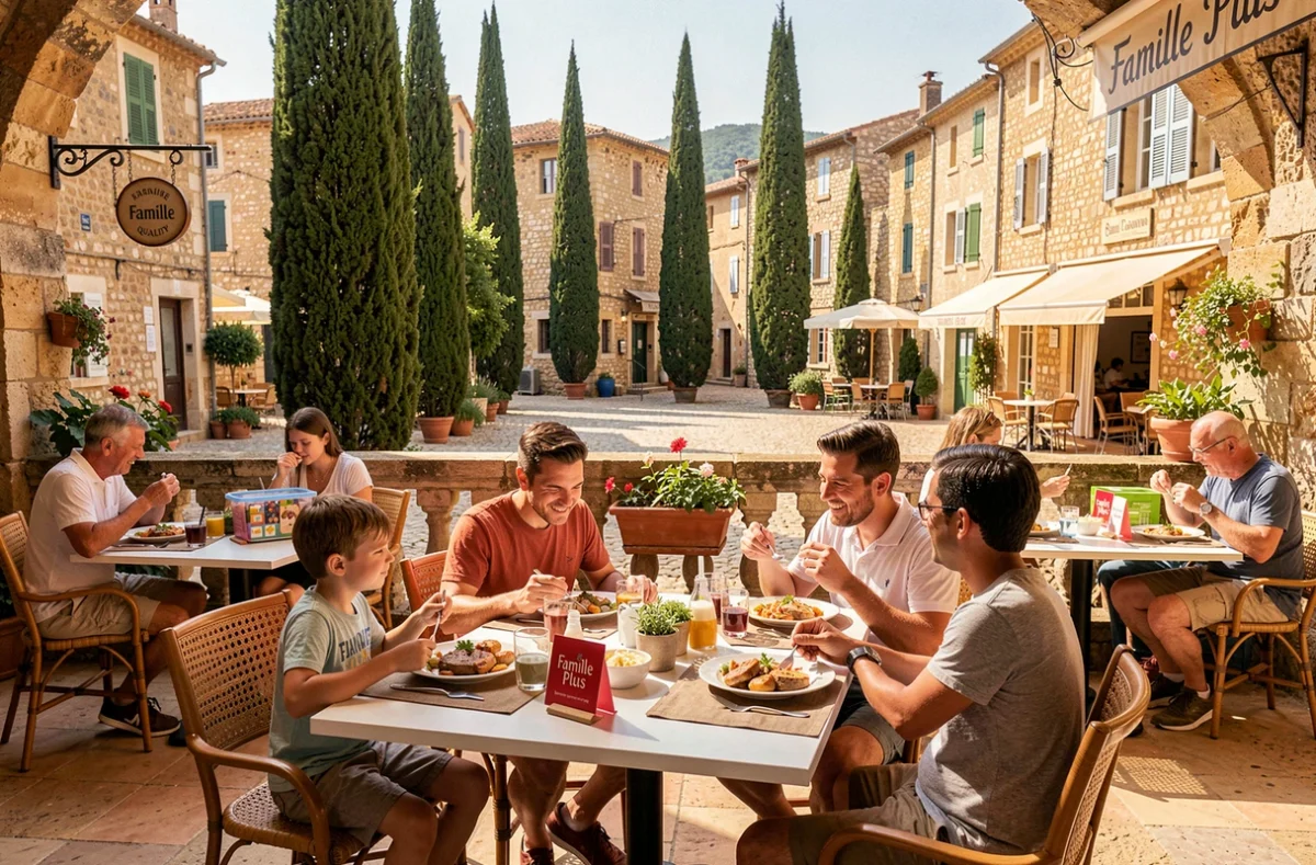 Terrasse d'un restaurant labellisé Famille Plus en Hérault, famille déjeunant face à un village méditerranéen avec la signalétique du label sur la table