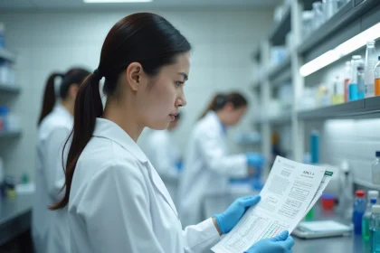Scientifique analysant un rapport de test ADN familial en laboratoire pour prédire des jumeaux héréditaires