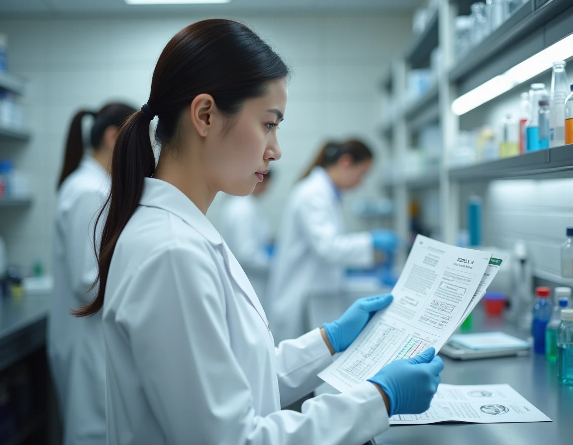 Scientifique analysant un rapport de test ADN familial en laboratoire pour prédire des jumeaux héréditaires