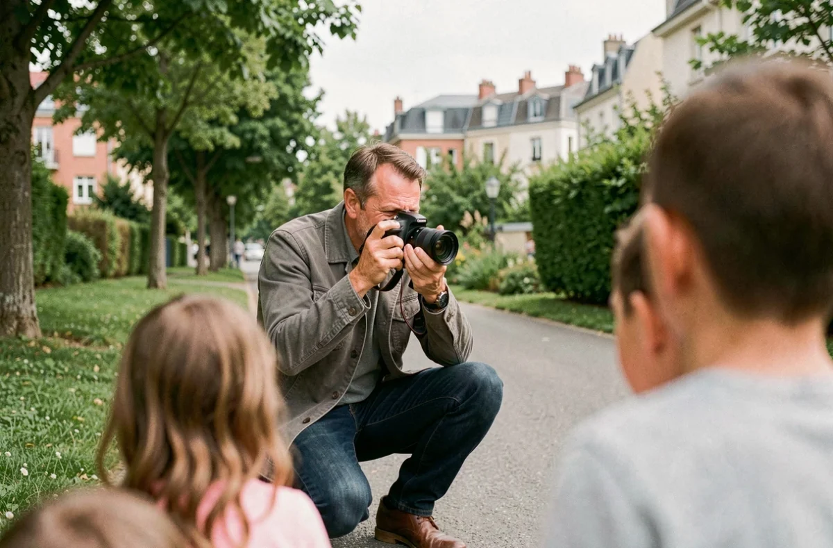 Photographe en action lors d'une séance photo de famille en extérieur dans un parc à Aulnay-sous-Bois
