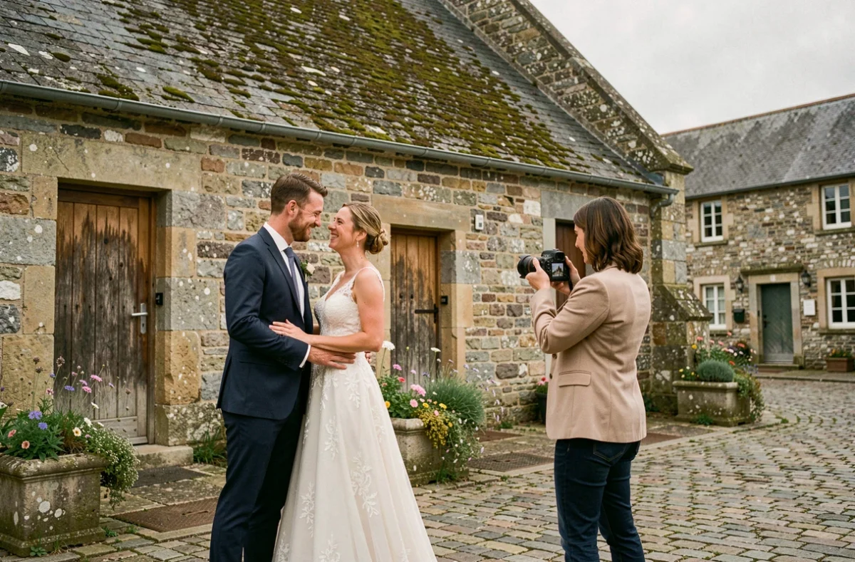 Séance photo de mariage devant une chapelle en pierre bretonne dans le Morbihan avec photographe professionnelle