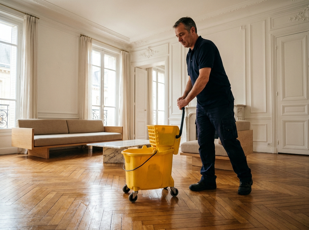 Agent de nettoyage professionnel entretenant le parquet d'un appartement haussmannien dans le cadre d'un service de ménage à Courbevoie