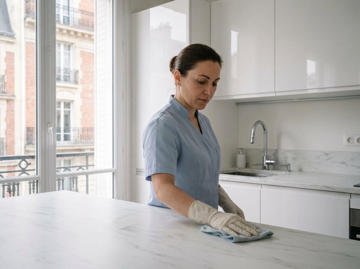 Femme de ménage professionnelle en uniforme bleu nettoyant un plan de travail dans une cuisine moderne à Courbevoie