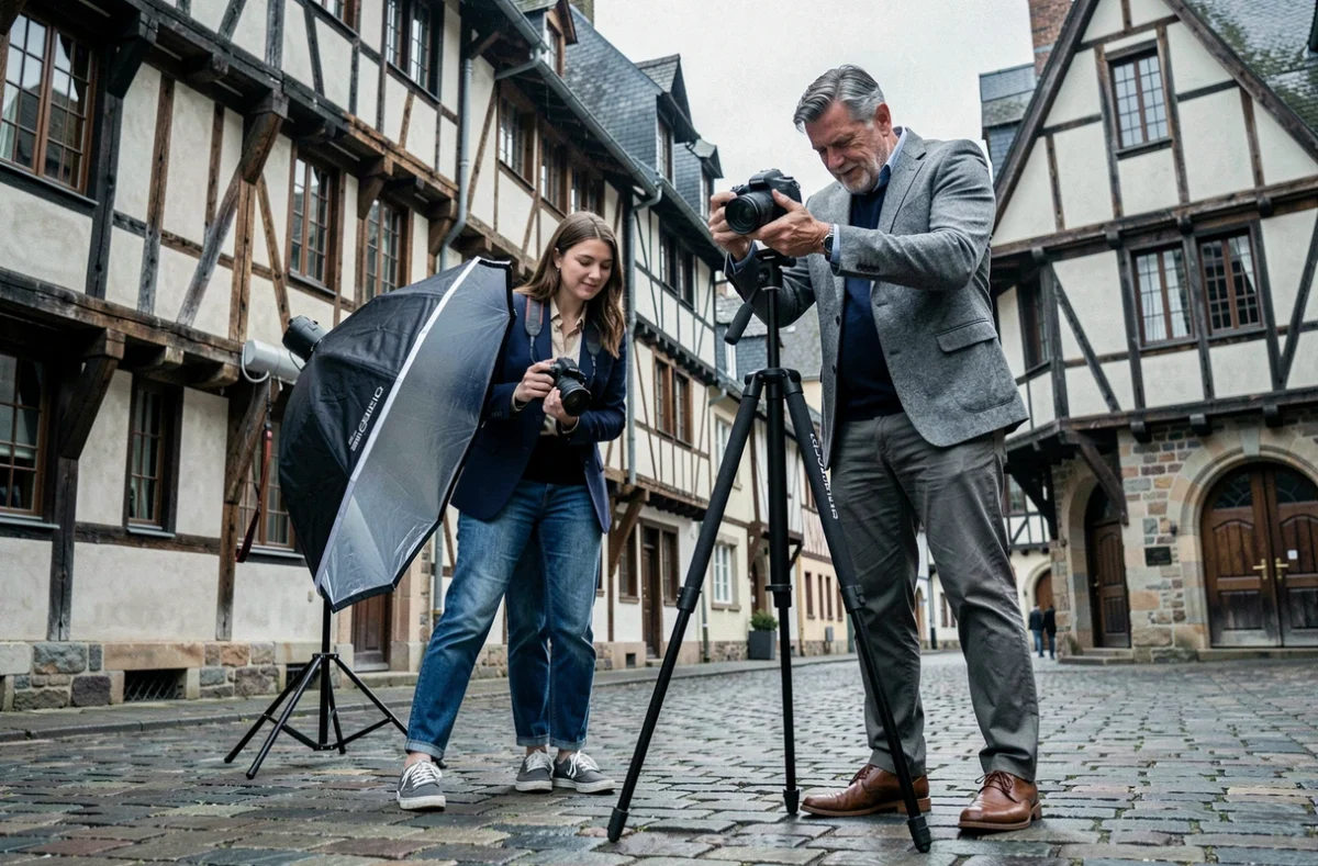 Deux photographes en session de travail collaboratif sur la place du Vieux-Marché à Rouen entourés des façades médiévales à colombages