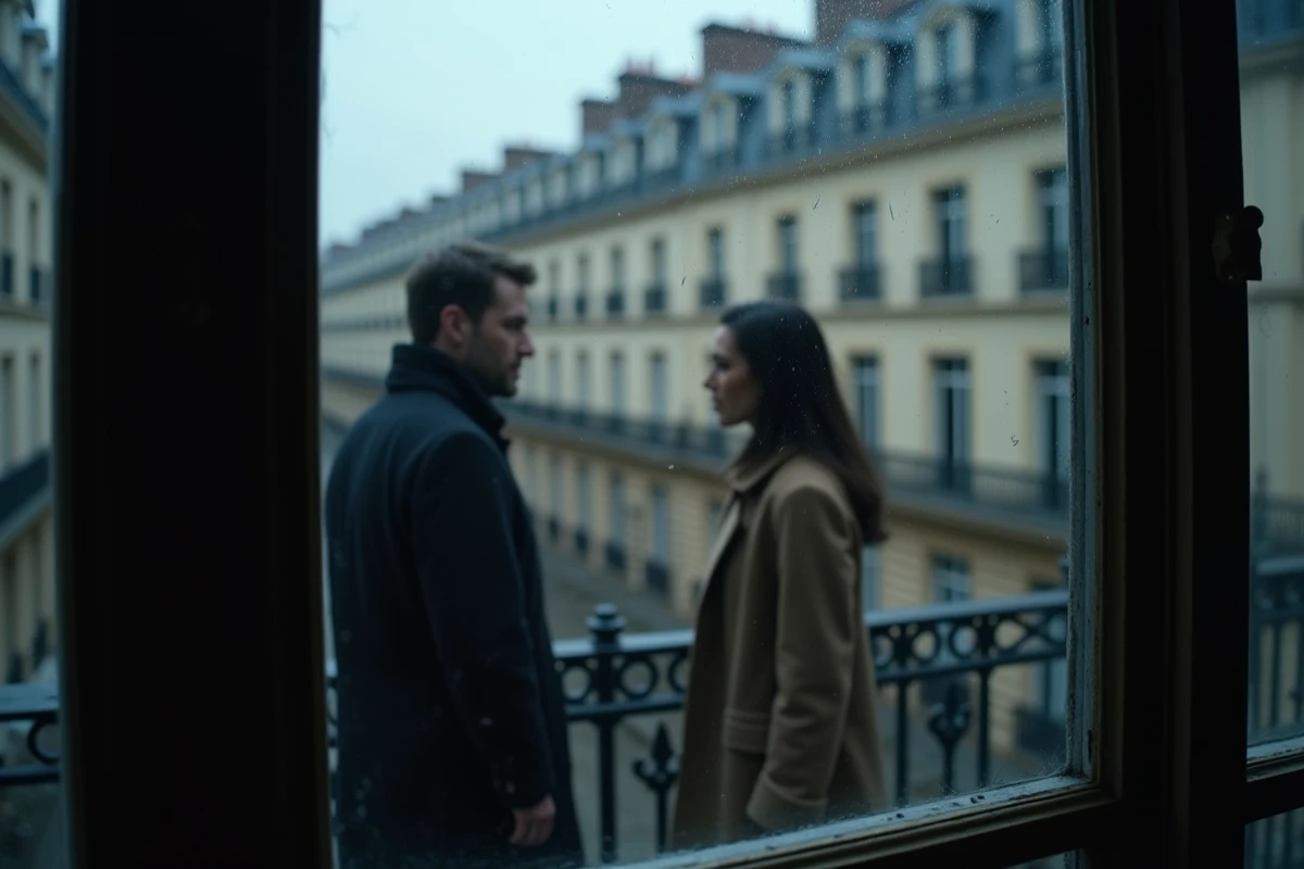 Deux silhouettes mystérieuses derrière une fenêtre mouillée d'un immeuble haussmannien parisien, illustrant le couple clandestin Mesrine et María de la Soledad