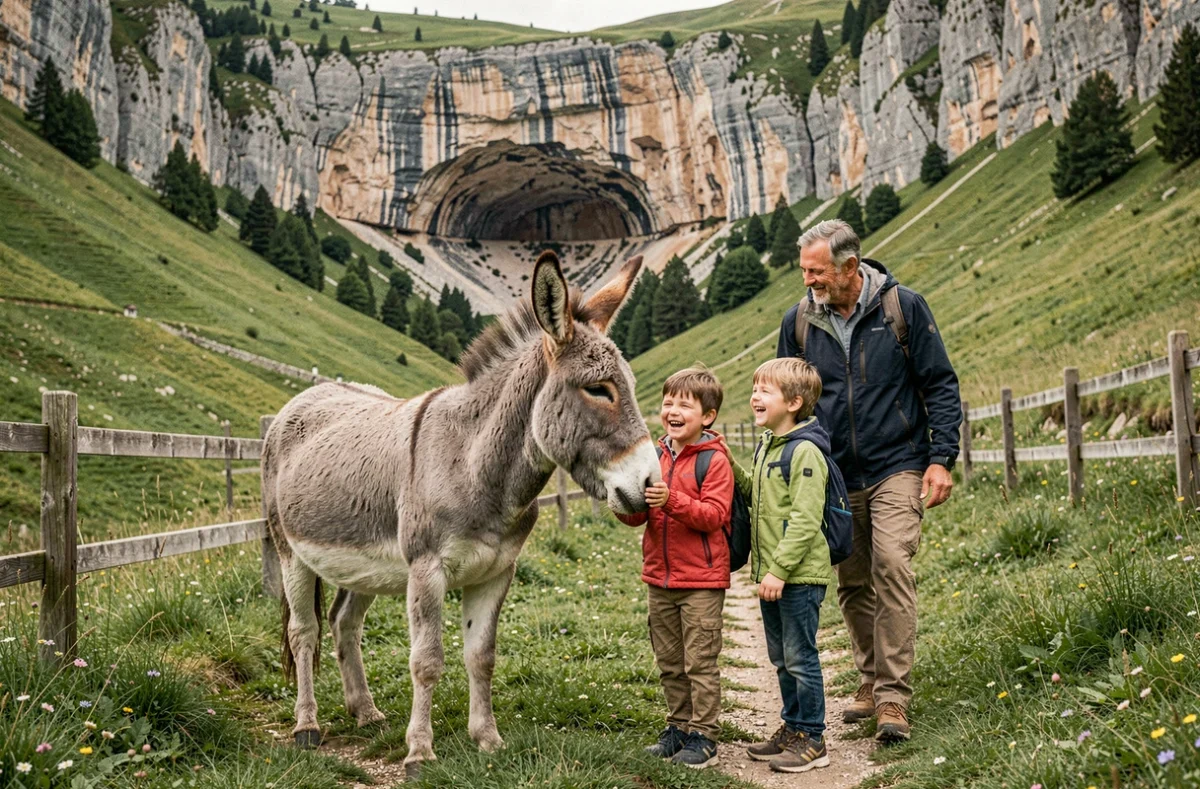 Famille en randonnée avec des ânes près du cirque de Sixt-Fer-à-Cheval en Haute-Savoie