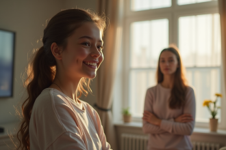 Deux soeurs dans une maison moderne avec lumière douce
