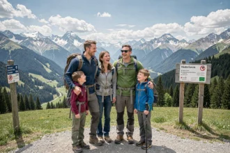 Famille heureuse profitant d'une sortie en pleine nature dans les Alpes en Haute-Savoie