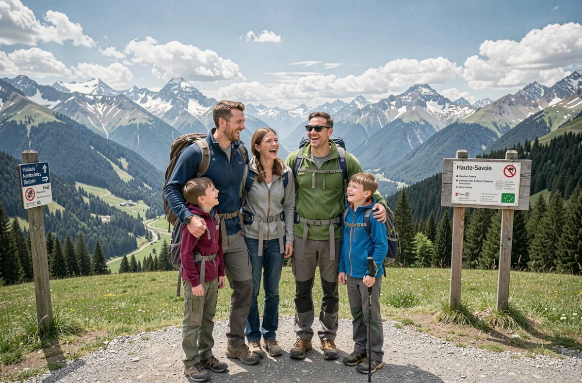 Famille heureuse profitant d'une sortie en pleine nature dans les Alpes en Haute-Savoie