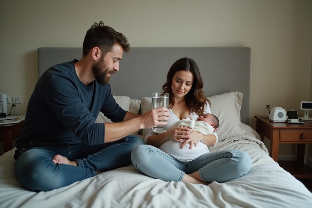 Partenaire aidant une mère allaitante fatiguée en lui apportant de l'eau, soutien familial pendant un pic de croissance