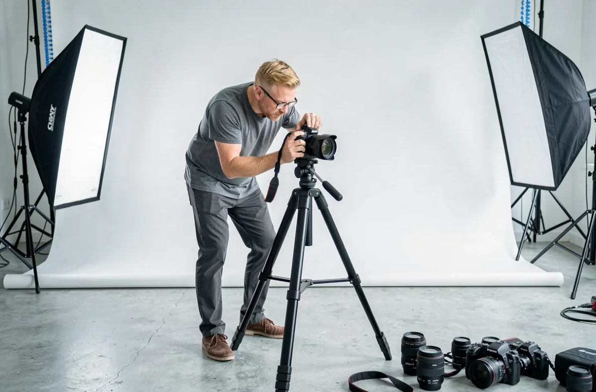 Photographe installant son matériel dans un studio photo à Pont-à-Mousson