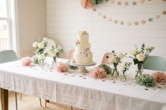 Table décorée pour une baby shower avec pompons en papier rose et vert sauge, gâteau fleuri et confettis dorés