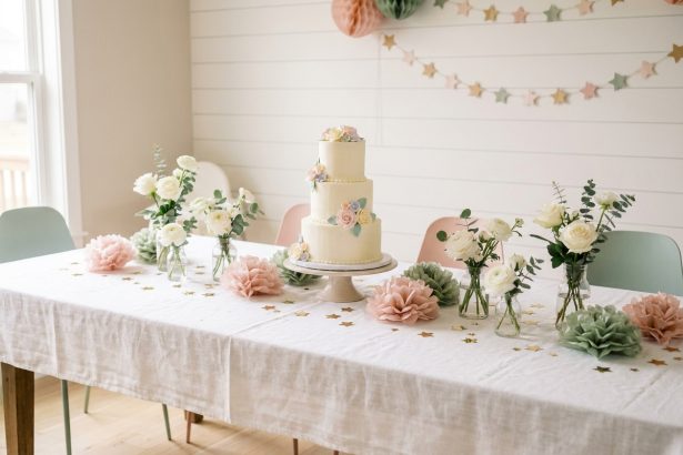 Table décorée pour une baby shower avec pompons en papier rose et vert sauge, gâteau fleuri et confettis dorés