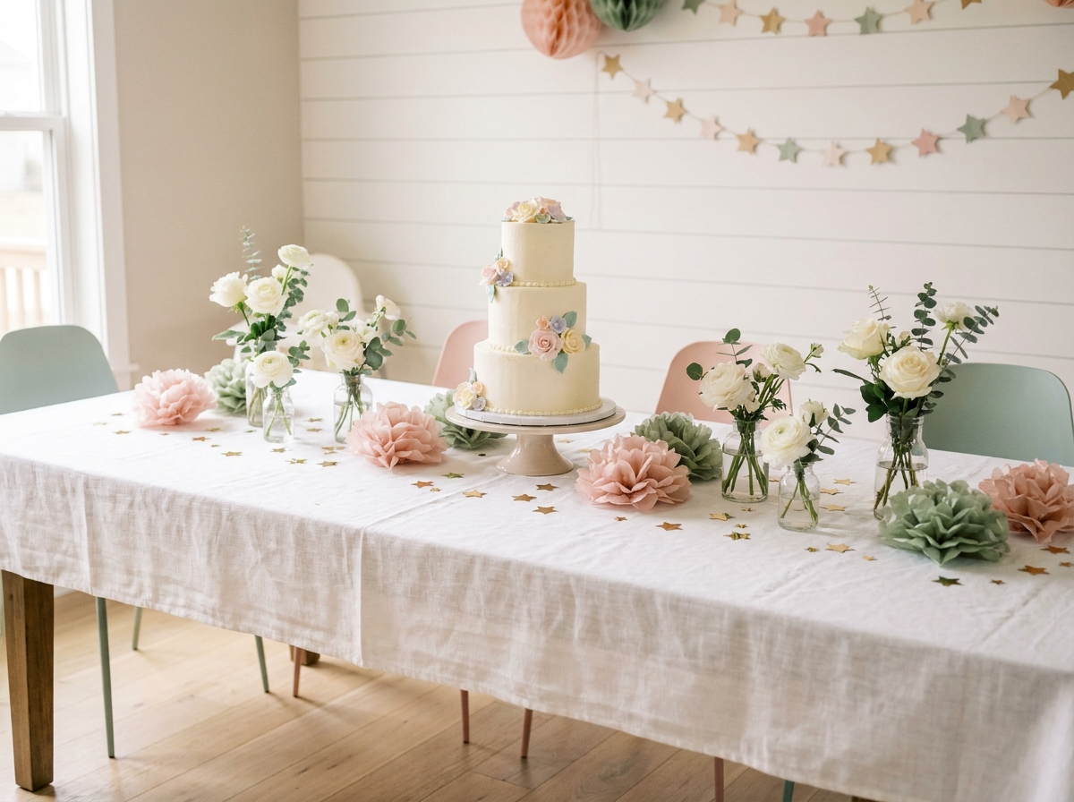 Table décorée pour une baby shower avec pompons en papier rose et vert sauge, gâteau fleuri et confettis dorés