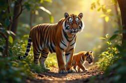 Tigre majestueux dans la jungle avec tigreaux curieux