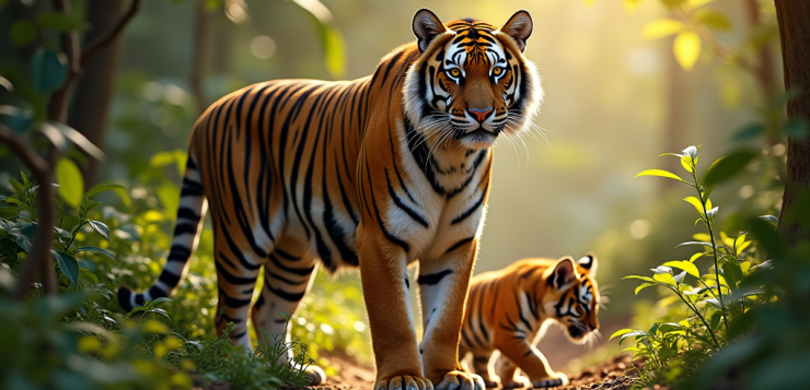 Tigre majestueux dans la jungle avec tigreaux curieux