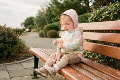Tout-petit assis sur un banc en bois dans une zone calme du parc de La Panne, jouant avec un jouet en tissu