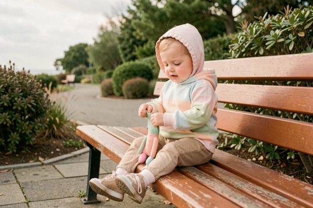 Tout-petit assis sur un banc en bois dans une zone calme du parc de La Panne, jouant avec un jouet en tissu